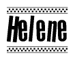 The image contains the text Helene in a bold, stylized font, with a checkered flag pattern bordering the top and bottom of the text.