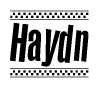 The image is a black and white clipart of the text Haydn in a bold, italicized font. The text is bordered by a dotted line on the top and bottom, and there are checkered flags positioned at both ends of the text, usually associated with racing or finishing lines.