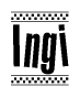 The image is a black and white clipart of the text Ingi in a bold, italicized font. The text is bordered by a dotted line on the top and bottom, and there are checkered flags positioned at both ends of the text, usually associated with racing or finishing lines.
