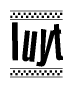 The image is a black and white clipart of the text Iuyt in a bold, italicized font. The text is bordered by a dotted line on the top and bottom, and there are checkered flags positioned at both ends of the text, usually associated with racing or finishing lines.