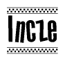 The image is a black and white clipart of the text Incze in a bold, italicized font. The text is bordered by a dotted line on the top and bottom, and there are checkered flags positioned at both ends of the text, usually associated with racing or finishing lines.
