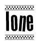 The image contains the text Ione in a bold, stylized font, with a checkered flag pattern bordering the top and bottom of the text.