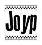 The image contains the text Joyp in a bold, stylized font, with a checkered flag pattern bordering the top and bottom of the text.