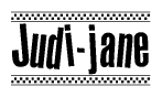 The image contains the text Judi-jane in a bold, stylized font, with a checkered flag pattern bordering the top and bottom of the text.