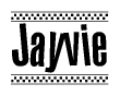 The image is a black and white clipart of the text Jayvie in a bold, italicized font. The text is bordered by a dotted line on the top and bottom, and there are checkered flags positioned at both ends of the text, usually associated with racing or finishing lines.