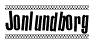 The clipart image displays the text Jonlundborg in a bold, stylized font. It is enclosed in a rectangular border with a checkerboard pattern running below and above the text, similar to a finish line in racing. 