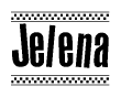 The image contains the text Jelena in a bold, stylized font, with a checkered flag pattern bordering the top and bottom of the text.