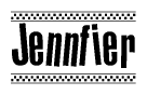 The clipart image displays the text Jennfier in a bold, stylized font. It is enclosed in a rectangular border with a checkerboard pattern running below and above the text, similar to a finish line in racing. 