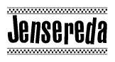 The image contains the text Jensereda in a bold, stylized font, with a checkered flag pattern bordering the top and bottom of the text.