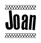 The clipart image displays the text Joan in a bold, stylized font. It is enclosed in a rectangular border with a checkerboard pattern running below and above the text, similar to a finish line in racing. 
