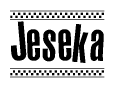 The image contains the text Jeseka in a bold, stylized font, with a checkered flag pattern bordering the top and bottom of the text.