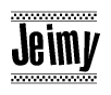 The clipart image displays the text Jeimy in a bold, stylized font. It is enclosed in a rectangular border with a checkerboard pattern running below and above the text, similar to a finish line in racing. 