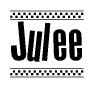 The clipart image displays the text Julee in a bold, stylized font. It is enclosed in a rectangular border with a checkerboard pattern running below and above the text, similar to a finish line in racing. 
