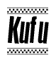 The image contains the text Kufu in a bold, stylized font, with a checkered flag pattern bordering the top and bottom of the text.