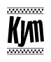 The image contains the text Kym in a bold, stylized font, with a checkered flag pattern bordering the top and bottom of the text.