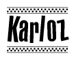 The image contains the text Karloz in a bold, stylized font, with a checkered flag pattern bordering the top and bottom of the text.
