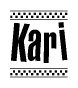 The image contains the text Kari in a bold, stylized font, with a checkered flag pattern bordering the top and bottom of the text.