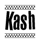 The image contains the text Kash in a bold, stylized font, with a checkered flag pattern bordering the top and bottom of the text.