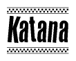 The clipart image displays the text Katana in a bold, stylized font. It is enclosed in a rectangular border with a checkerboard pattern running below and above the text, similar to a finish line in racing. 
