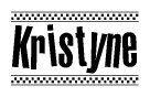 The image is a black and white clipart of the text Kristyne in a bold, italicized font. The text is bordered by a dotted line on the top and bottom, and there are checkered flags positioned at both ends of the text, usually associated with racing or finishing lines.