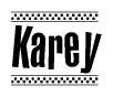 The image contains the text Karey in a bold, stylized font, with a checkered flag pattern bordering the top and bottom of the text.