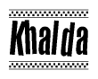 The image is a black and white clipart of the text Khalda in a bold, italicized font. The text is bordered by a dotted line on the top and bottom, and there are checkered flags positioned at both ends of the text, usually associated with racing or finishing lines.