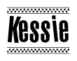 The image is a black and white clipart of the text Kessie in a bold, italicized font. The text is bordered by a dotted line on the top and bottom, and there are checkered flags positioned at both ends of the text, usually associated with racing or finishing lines.