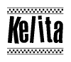 The image is a black and white clipart of the text Kelita in a bold, italicized font. The text is bordered by a dotted line on the top and bottom, and there are checkered flags positioned at both ends of the text, usually associated with racing or finishing lines.