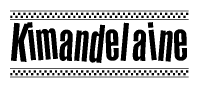 The image is a black and white clipart of the text Kimandelaine in a bold, italicized font. The text is bordered by a dotted line on the top and bottom, and there are checkered flags positioned at both ends of the text, usually associated with racing or finishing lines.