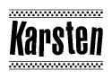 The image contains the text Karsten in a bold, stylized font, with a checkered flag pattern bordering the top and bottom of the text.