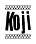 The image contains the text Koji in a bold, stylized font, with a checkered flag pattern bordering the top and bottom of the text.