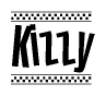 The image contains the text Kizzy in a bold, stylized font, with a checkered flag pattern bordering the top and bottom of the text.