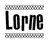 The image contains the text Lorne in a bold, stylized font, with a checkered flag pattern bordering the top and bottom of the text.