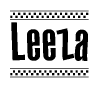 The image is a black and white clipart of the text Leeza in a bold, italicized font. The text is bordered by a dotted line on the top and bottom, and there are checkered flags positioned at both ends of the text, usually associated with racing or finishing lines.