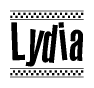 The image is a black and white clipart of the text Lydia in a bold, italicized font. The text is bordered by a dotted line on the top and bottom, and there are checkered flags positioned at both ends of the text, usually associated with racing or finishing lines.