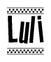 The image is a black and white clipart of the text Luli in a bold, italicized font. The text is bordered by a dotted line on the top and bottom, and there are checkered flags positioned at both ends of the text, usually associated with racing or finishing lines.