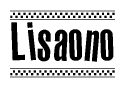 The image is a black and white clipart of the text Lisaono in a bold, italicized font. The text is bordered by a dotted line on the top and bottom, and there are checkered flags positioned at both ends of the text, usually associated with racing or finishing lines.