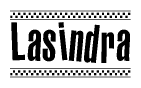 The clipart image displays the text Lasindra in a bold, stylized font. It is enclosed in a rectangular border with a checkerboard pattern running below and above the text, similar to a finish line in racing. 