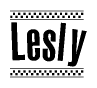 The image contains the text Lesly in a bold, stylized font, with a checkered flag pattern bordering the top and bottom of the text.