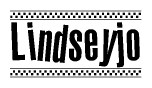 The image is a black and white clipart of the text Lindseyjo in a bold, italicized font. The text is bordered by a dotted line on the top and bottom, and there are checkered flags positioned at both ends of the text, usually associated with racing or finishing lines.
