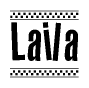 The image is a black and white clipart of the text Laila in a bold, italicized font. The text is bordered by a dotted line on the top and bottom, and there are checkered flags positioned at both ends of the text, usually associated with racing or finishing lines.