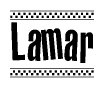 The image contains the text Lamar in a bold, stylized font, with a checkered flag pattern bordering the top and bottom of the text.