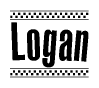 The image is a black and white clipart of the text Logan in a bold, italicized font. The text is bordered by a dotted line on the top and bottom, and there are checkered flags positioned at both ends of the text, usually associated with racing or finishing lines.