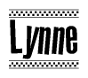 The image contains the text Lynne in a bold, stylized font, with a checkered flag pattern bordering the top and bottom of the text.