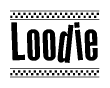 The image contains the text Loodie in a bold, stylized font, with a checkered flag pattern bordering the top and bottom of the text.