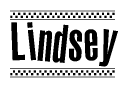 The image is a black and white clipart of the text Lindsey in a bold, italicized font. The text is bordered by a dotted line on the top and bottom, and there are checkered flags positioned at both ends of the text, usually associated with racing or finishing lines.