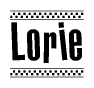 The image contains the text Lorie in a bold, stylized font, with a checkered flag pattern bordering the top and bottom of the text.