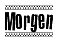 The image contains the text Morgen in a bold, stylized font, with a checkered flag pattern bordering the top and bottom of the text.