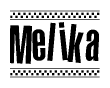 The image is a black and white clipart of the text Melika in a bold, italicized font. The text is bordered by a dotted line on the top and bottom, and there are checkered flags positioned at both ends of the text, usually associated with racing or finishing lines.