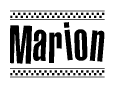 The image contains the text Marion in a bold, stylized font, with a checkered flag pattern bordering the top and bottom of the text.